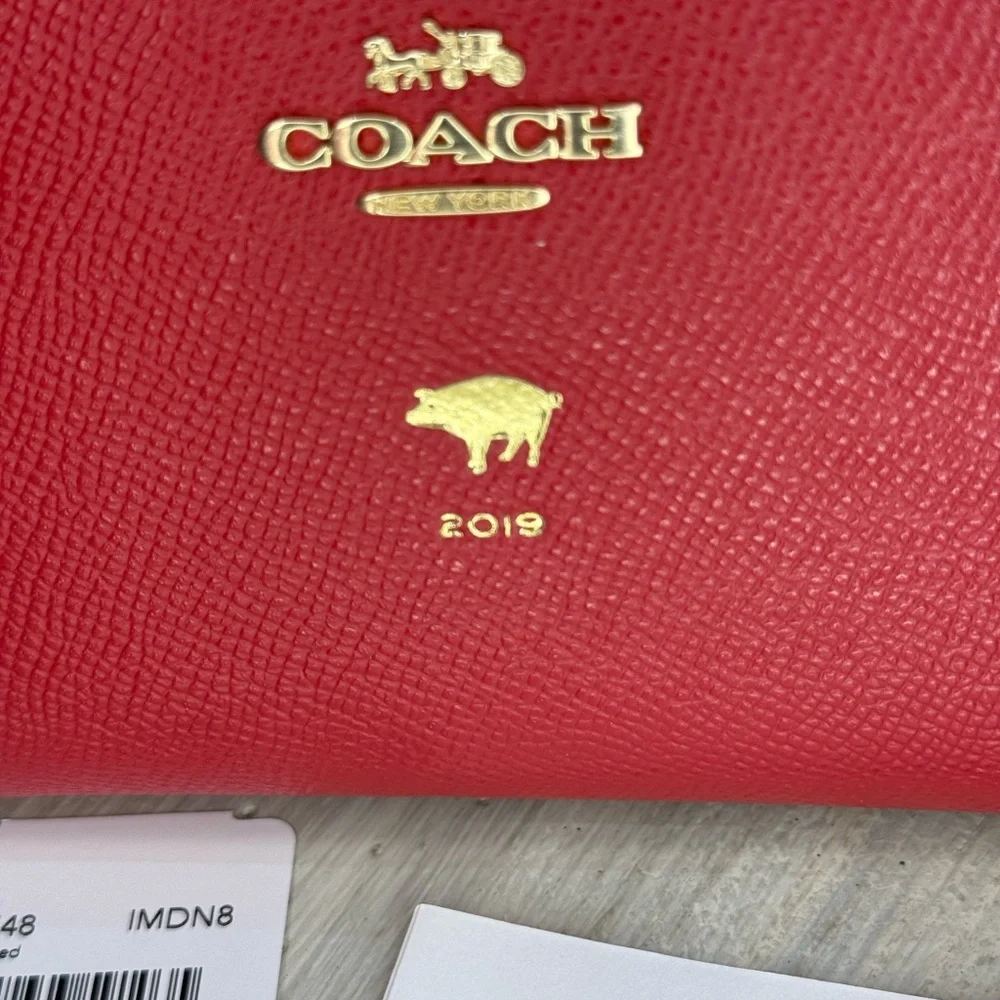 Coach Lunar New Year 2019 Pig Red Leather Cosmetic Pouch with Gold Logo